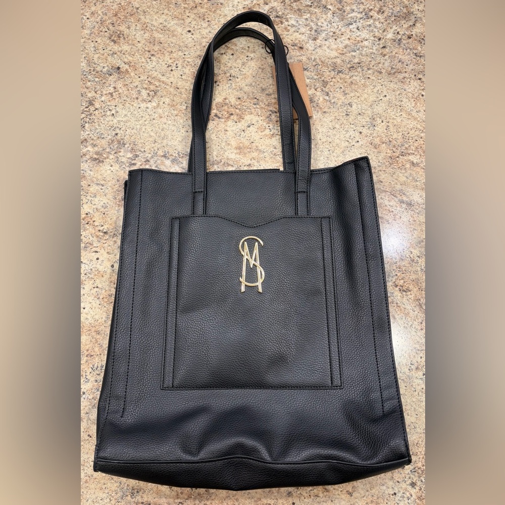 NWT Steve Madden Black Pebbled Faux Leather 3 Compartment Tote Bag Red Interior